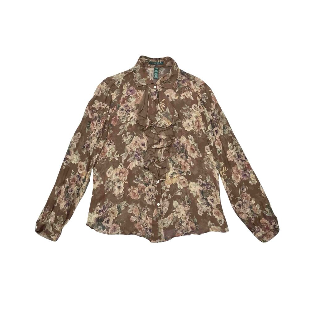 Lauren Ralph Lauren Silk Floral Blouse XL Brown Ruffled Feminine Boho Romantic